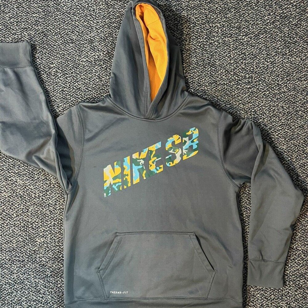 Nike SB Therma-Fit Hoodie Boys Size XL Gray Camo Pockets Gray Orange